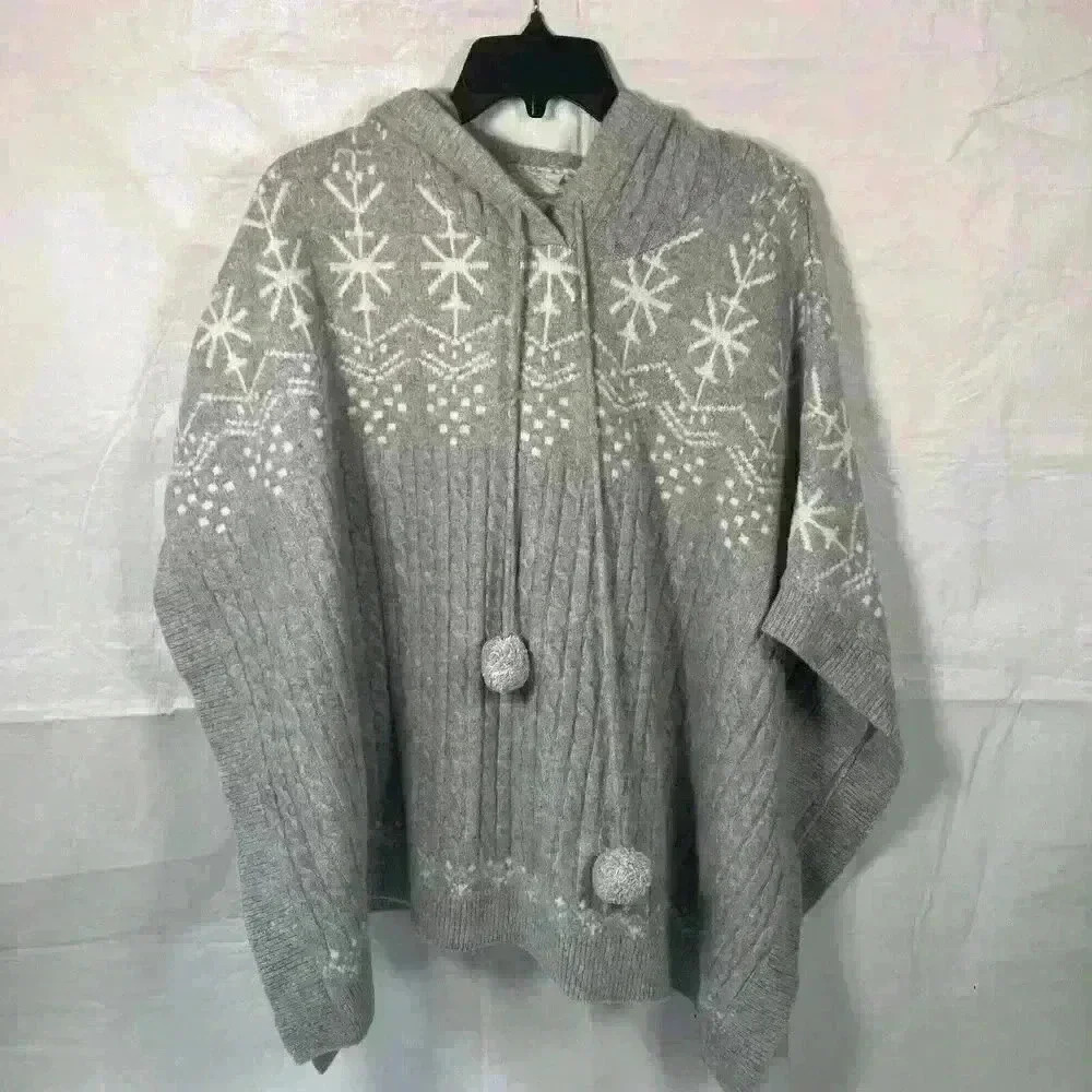 Soft Surroundings Womens Grey‎ Snowflake Fair Isle Cable Knit Hooded Poncho OS